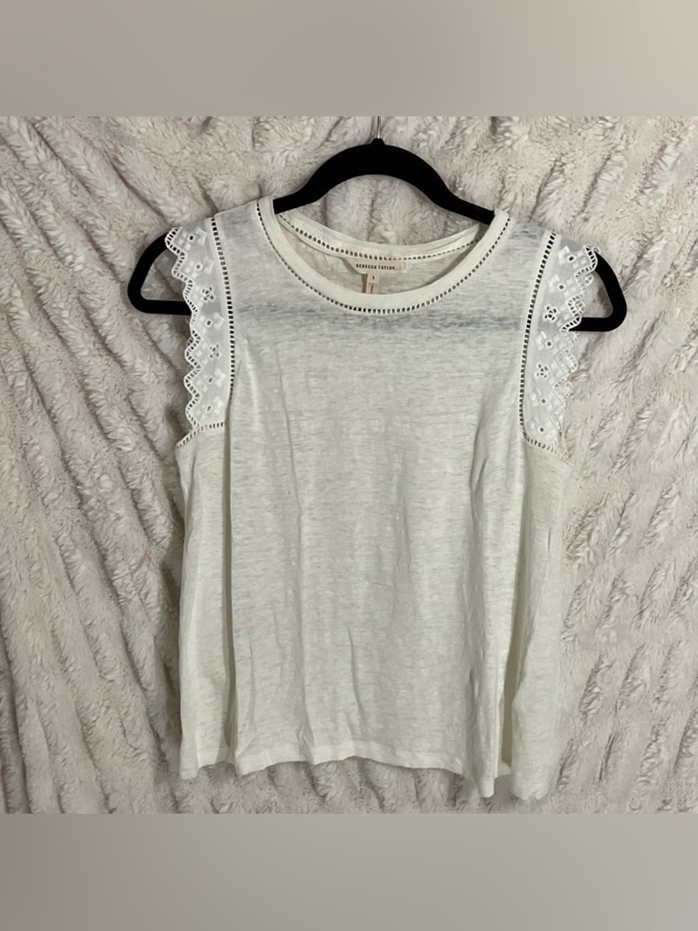 Rebecca Taylor Ivory Linen Eyelet-Trim Sleeveless Tank